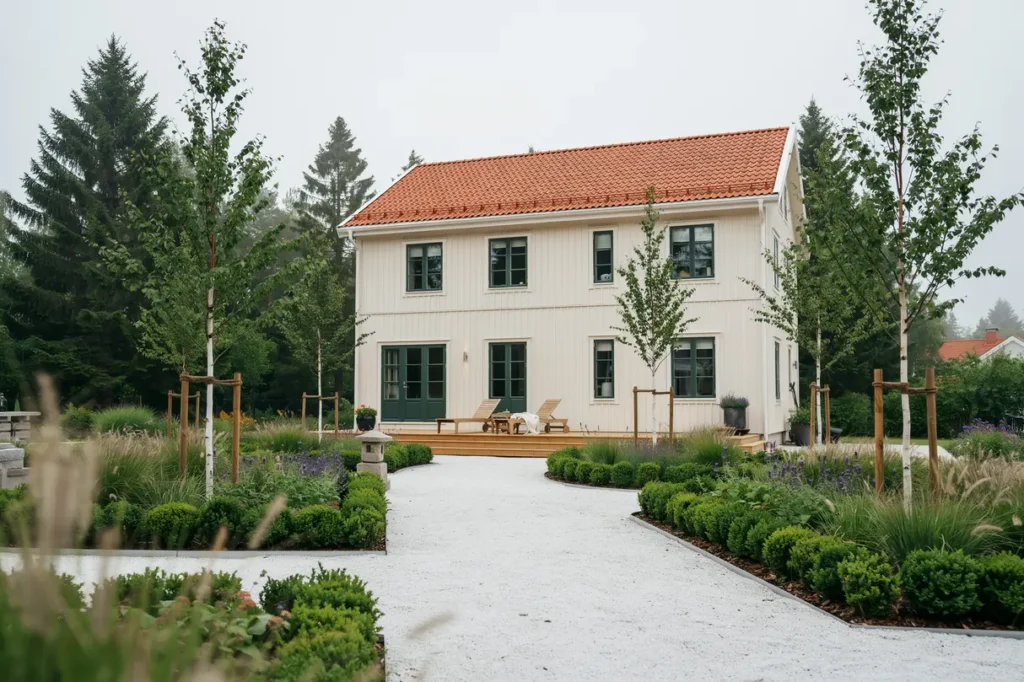 finplanering av villatomt med grusg ng och planteringsytor