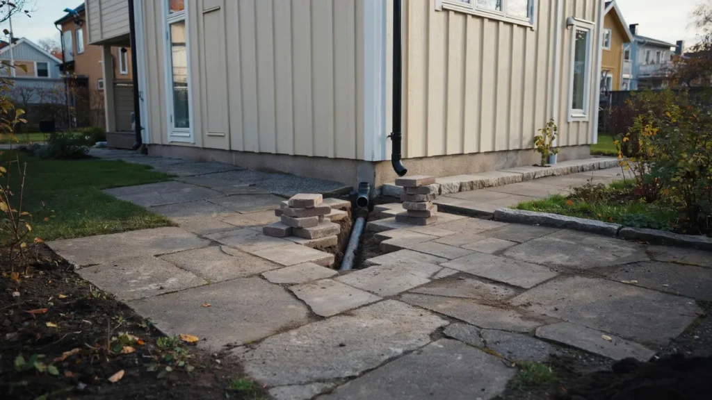 dagvattenanslutning fr n stupr r med terst llning av stenl ggning i gamla enskede